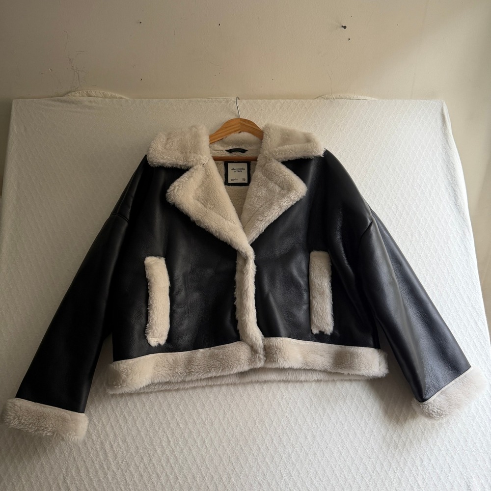 Abercrombie & Fitch Faux Leather Shearling Aviator Jacket Black XL Biker Moto